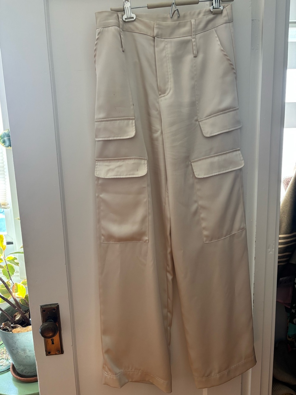 The Noli Shop Cream Satin Wide-Leg Cargo Pants